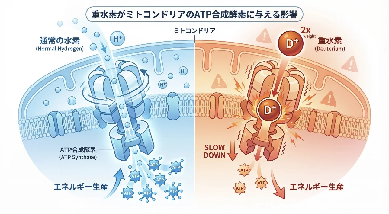 ATP合成酵素における通常の水素(H⁺)と重水素(D⁺)の影響イメージ